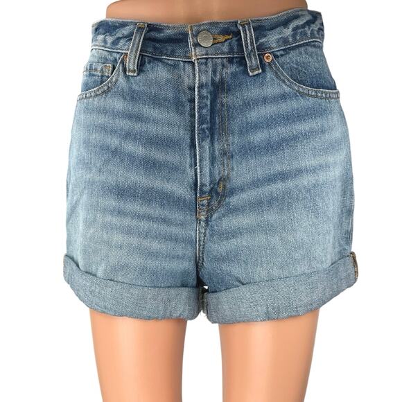 Urban Outfitters BDG Mom High Rise Women's Blue Cuffed Denim Jean Shorts Size 27 - Picture 1 of 5